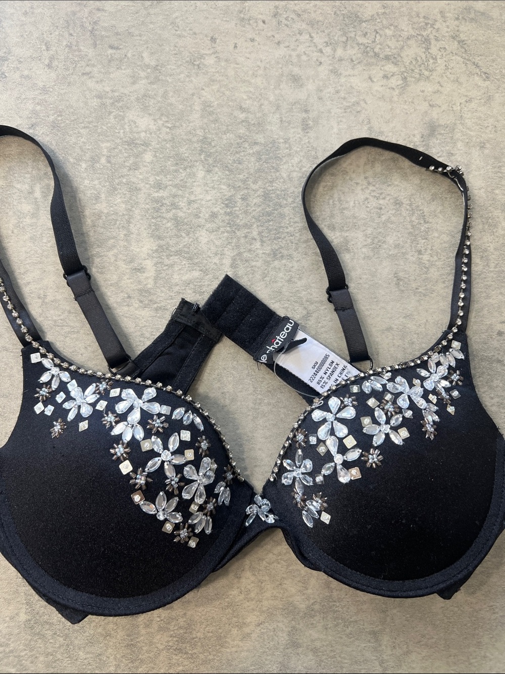 le chateau Black Embellished Push-Up Bra with Crystal Floral Accents
